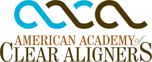 The image features a logo with the text  AMERICAN ACADEMY CLEAR ALIGNERS  and includes an emblem resembling a stylized letter  A  with a loop, set against a background that appears to be a gradient of blue tones.