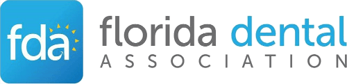 The image is a logo with the text  FDA FLORIDA DENTAL ASSOCIATION  and features a stylized letter  D  in blue and a toothbrush icon in white.