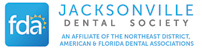 The image is a logo for the Jacksonville Dental Society, featuring a stylized letter  J  with the city name and a dental crown motif.