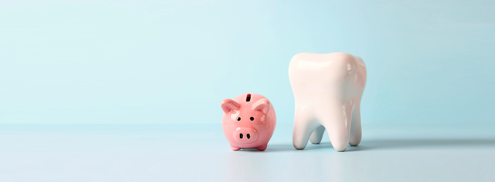 The image shows a piggy bank with a small toothbrush and toothpaste next to it, against a light blue background.